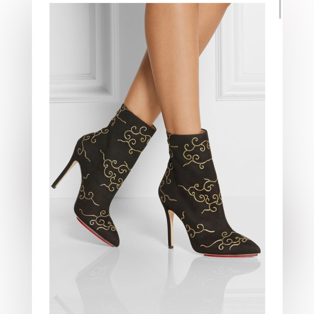 Charlotte Olympia Black Embroidered Suede Betsy Ankle Boots Size 37